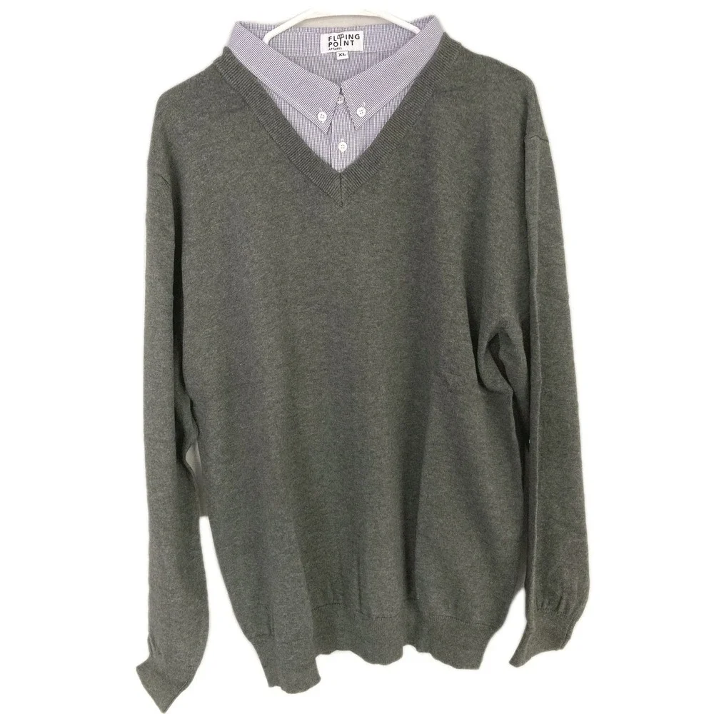 Vtg Flying Point Sweater Men XL VNeck Cotton Knit 1 Piece Shirt Collar Trim NEW